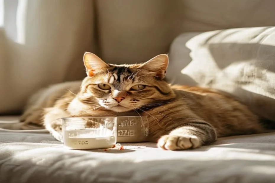 A plump indoor tabby cat lying on a couch beside a measuring cup of kibble in a bright apartment