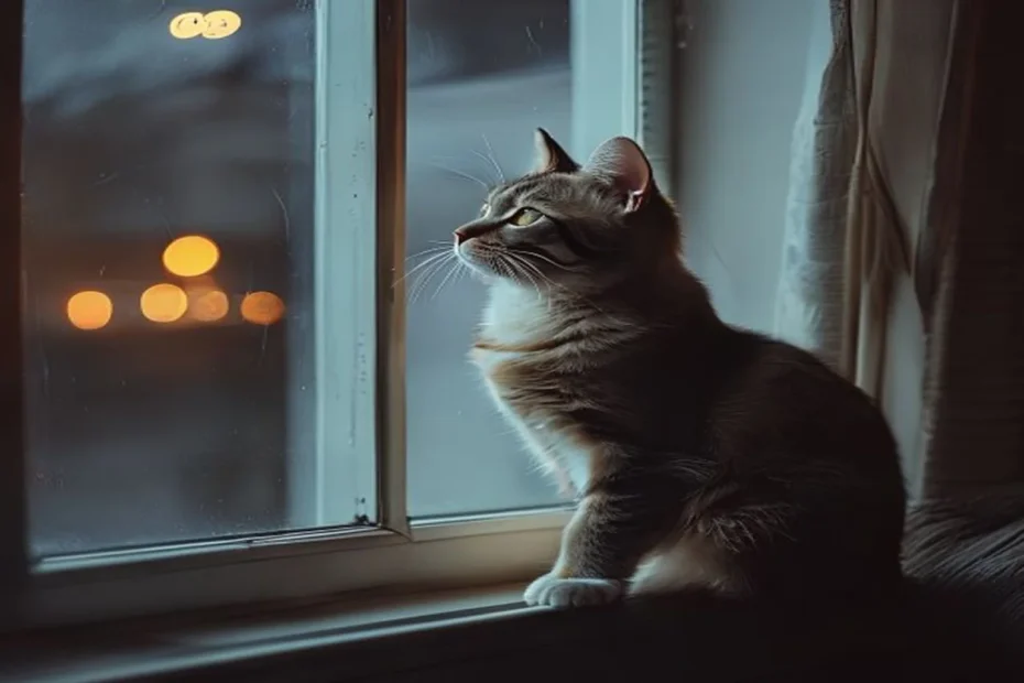 A cat sitting alert on a windowsill in a dim apartment at night, looking out into the dark.