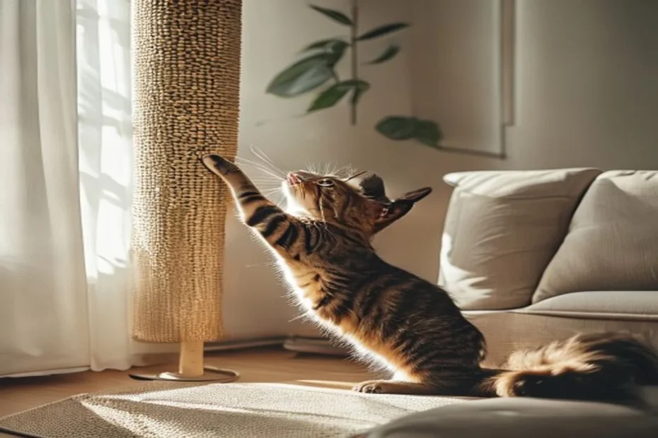 A tabby cat stretching up to scratch a tall sisal scratching post placed next to a living room sofa in a small apartment.