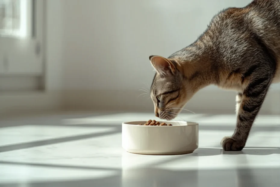 A cat leaning into a ceramic food bowl with kibble on a clean floor in a bright minimal apartment, soft natural light