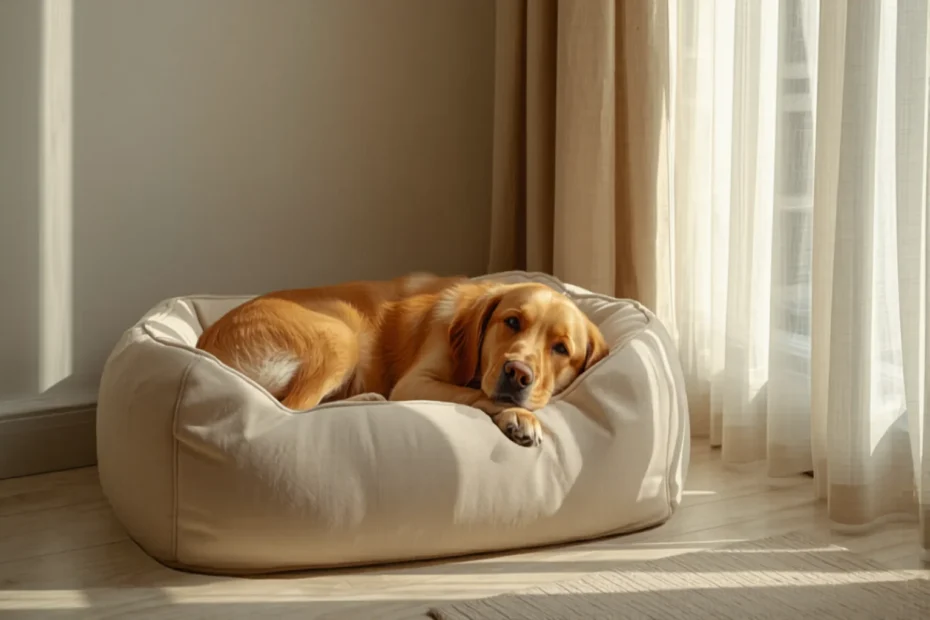 A dog resting quietly on a soft bed with a subdued expression in a calm minimal apartment, soft natural light