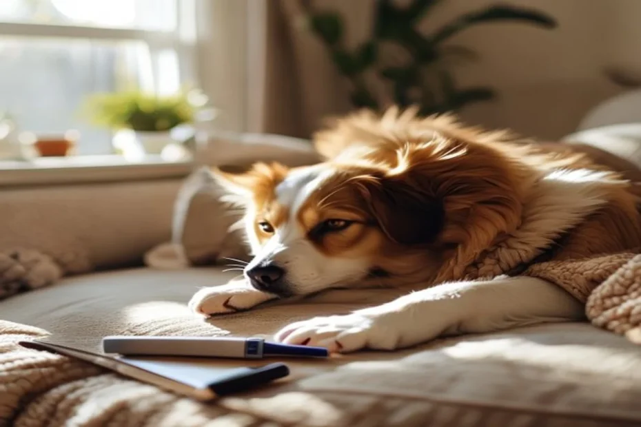 A calm dog resting its paw in a person's hand next to pet nail clippers on a couch