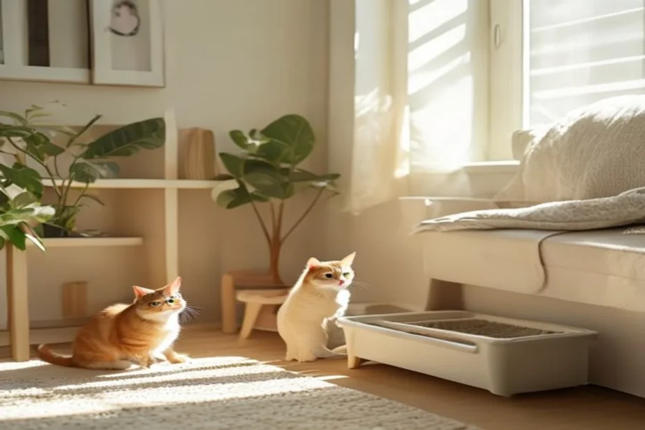 A clean litter box tucked beside a low console table in a cozy, compact apartment corner with a curious cat nearby.