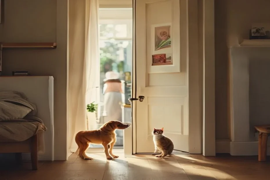 A small dog standing in an apartment doorway watching its owner walk to the next room