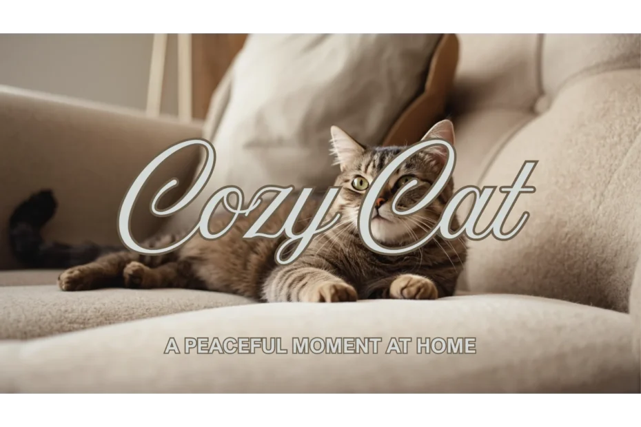Close-up of a cat lying on a soft couch with an alert expression and flicking tail, soft natural light, cozy apartment