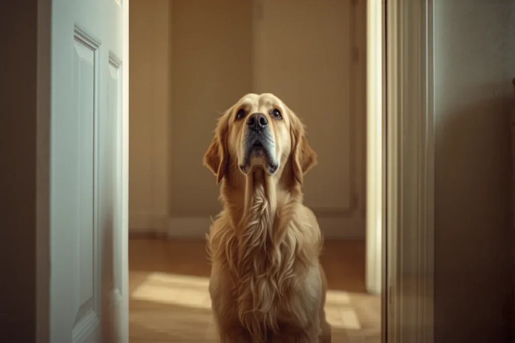 A dog sitting by an apartment door looking up with an expectant expression, soft natural light, neutral warm interior