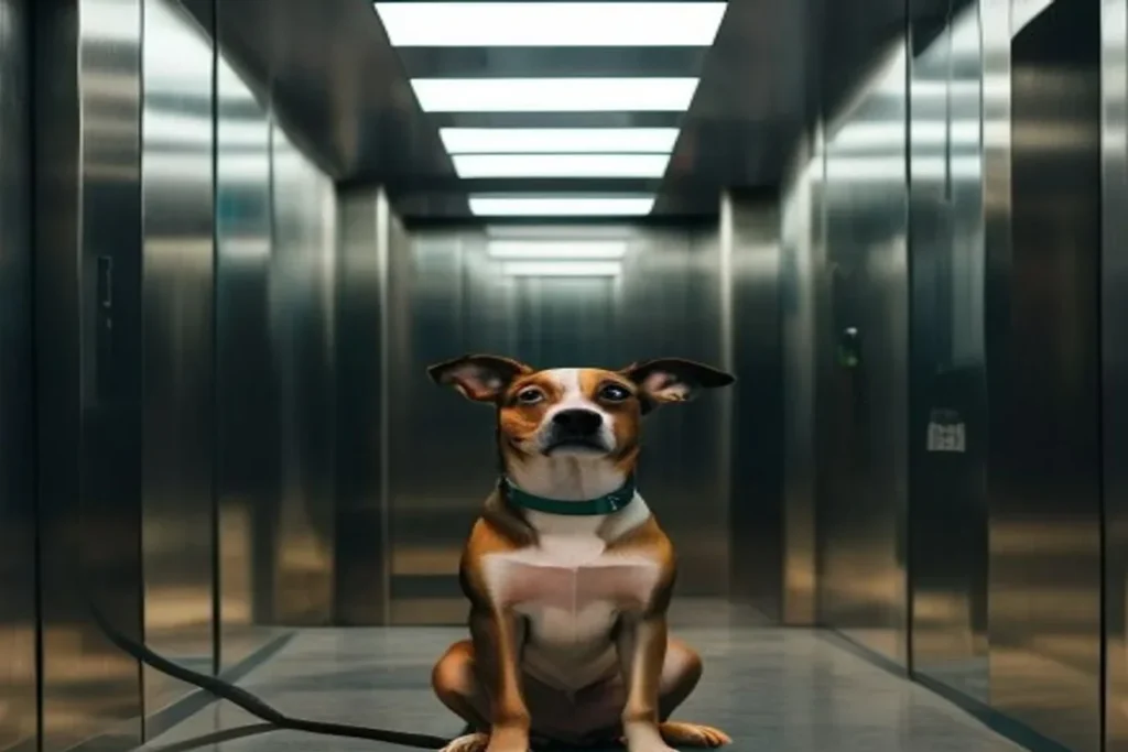 Dog sitting calmly inside an apartment building elevator