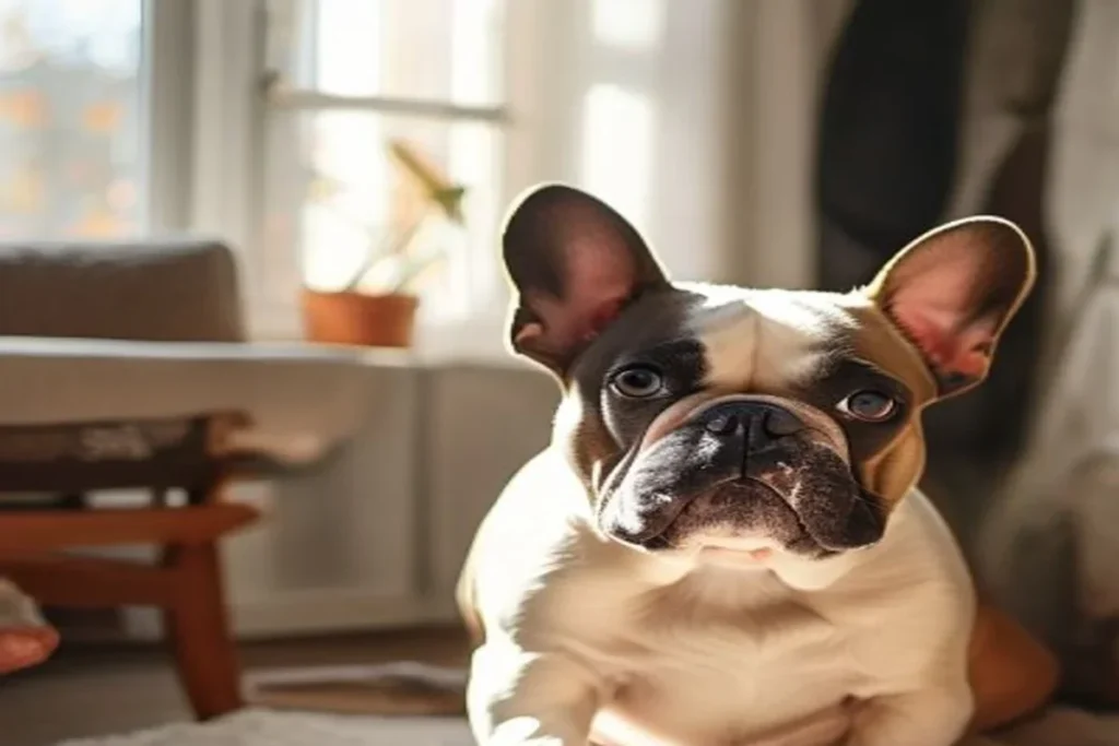 French bulldog sitting on a rug in a sunny apartment living room